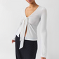 Wholesale Modal-Blend Tie-Front Bow Long-Sleeve Fitted T-Shirt – Elegant Slim-Fit Top