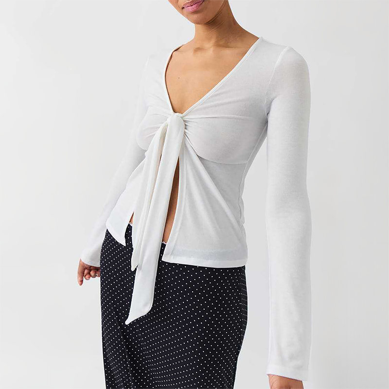 Wholesale Modal-Blend Tie-Front Bow Long-Sleeve Fitted T-Shirt – Elegant Slim-Fit Top