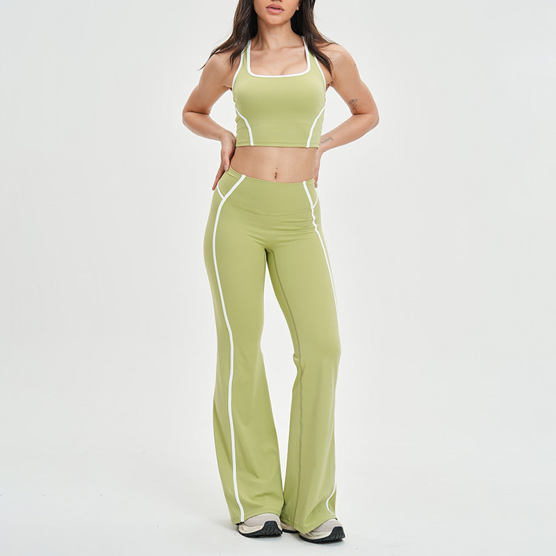 Women's contrasting color backless tank top + high-waisted flared pants 2-piece set