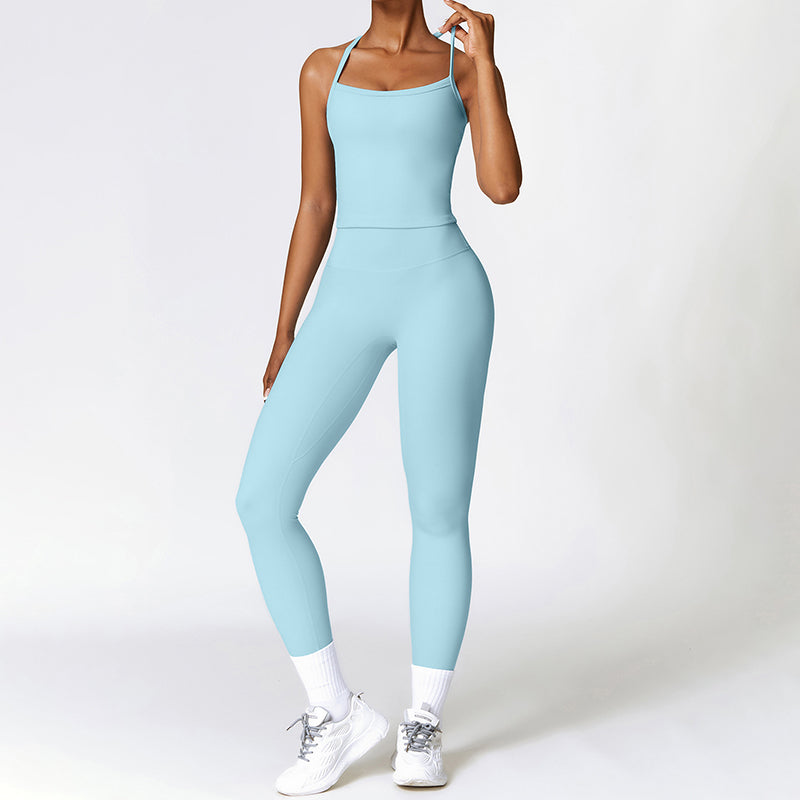 Tapa del tanque de yoga de cruz cepillado + Leggings de cintura alta de 2 piezas