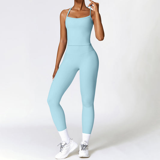 Tapa del tanque de yoga de cruz cepillado + Leggings de cintura alta de 2 piezas