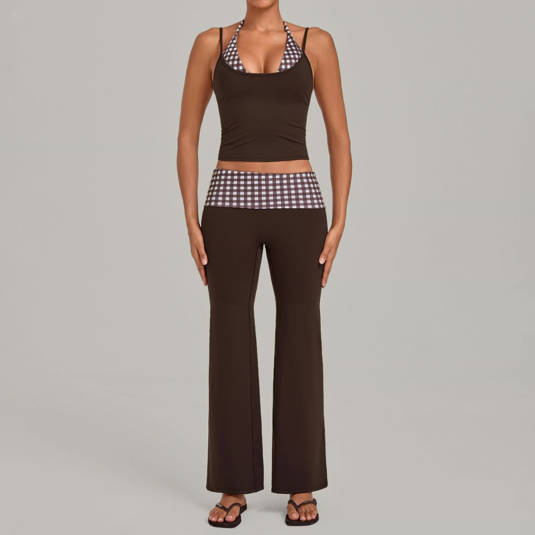 Wholesale Women's Retro Print Yoga Fake Two-Piece Vest+Flared-Leg Pants Set
