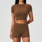 Wholesale Women's Brushed Short Sleeve Crop Top & High-Waist Shorts Set – Padded Yoga Fitness 2-Piece