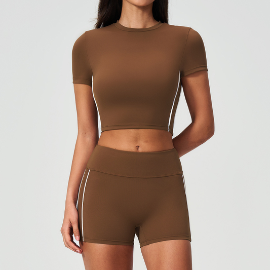 Wholesale Women's Brushed Short Sleeve Crop Top & High-Waist Shorts Set – Padded Yoga Fitness 2-Piece