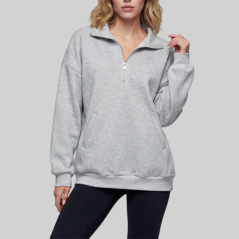 Loose long sleeved Half Zip Stand Collar Fleece Sweatshirt