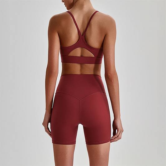 Wholesale Brushed Naked-Feel Open-Back Sports Bra & High-Waist Shorts Set – Sculpting Yoga 2-Piece