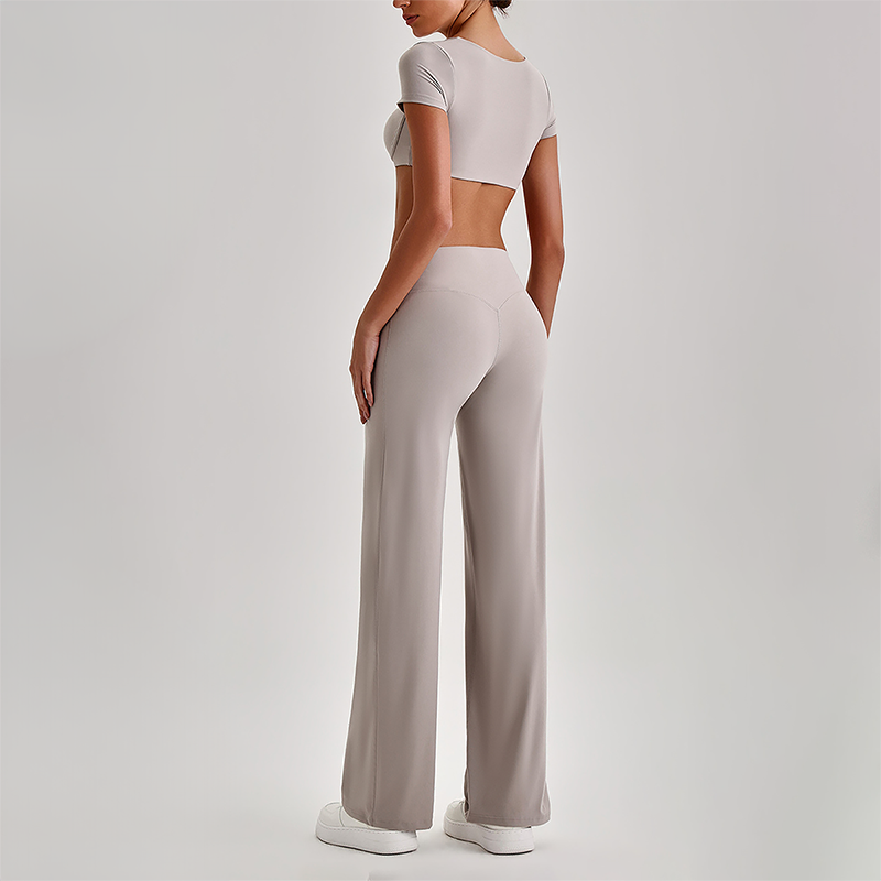 Wholesale Women's Short Sleeve Exposed Back Bra+Naked Feel Straight Leg Pants Yoga Set