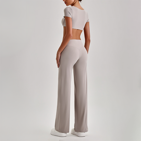 Wholesale Women's Short Sleeve Exposed Back Bra+Naked Feel Straight Leg Pants Yoga Set