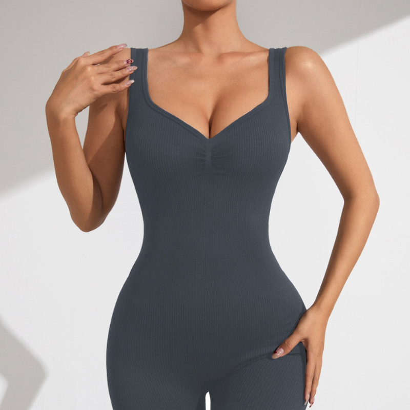 V-neck backless ribbed wide leg double strap yoga jumpsuit