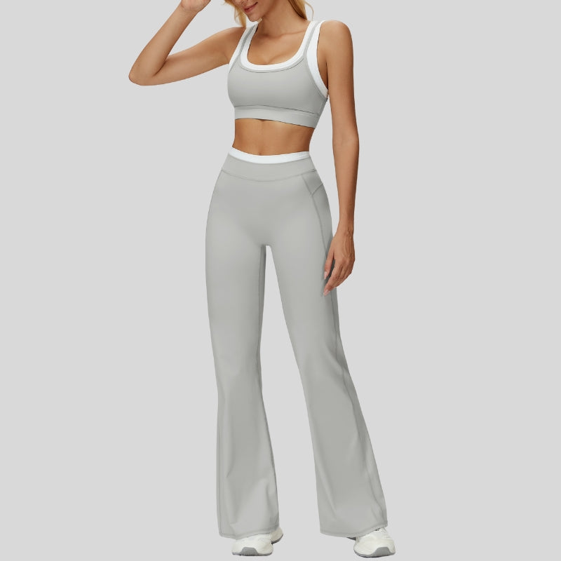 Contrast color sports bra + sport slightly flared pants 2-piece set