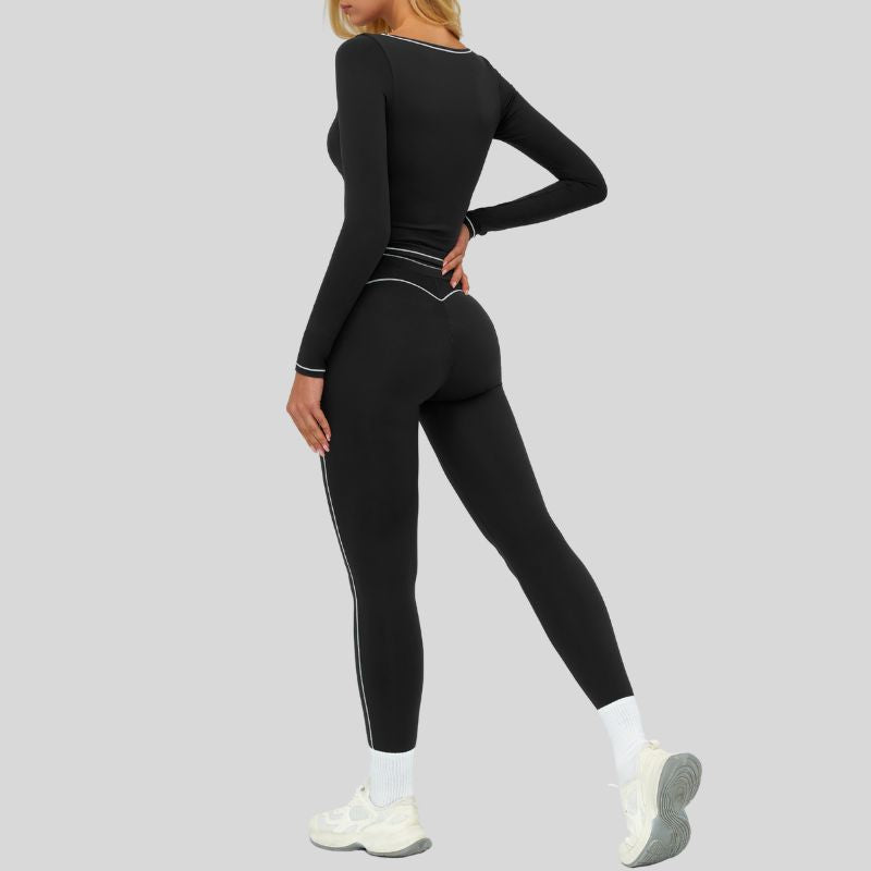 Color-blocked long-sleeved sports top+High waisted leggings 2-piece set