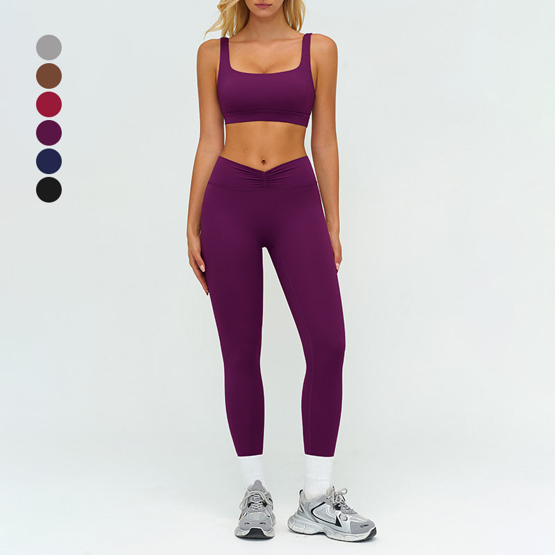 Square neckline backless sports bra+athletic slimming leggings 2-piece set