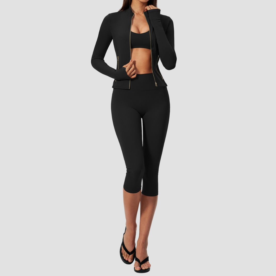 Wholesale Women Slimming Zipper Fitness High Waist Tummy Control Yoga Sports Three-Piece Set