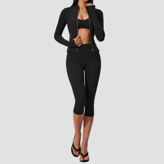 Wholesale Women Slimming Zipper Fitness High Waist Tummy Control Yoga Sports Three-Piece Set