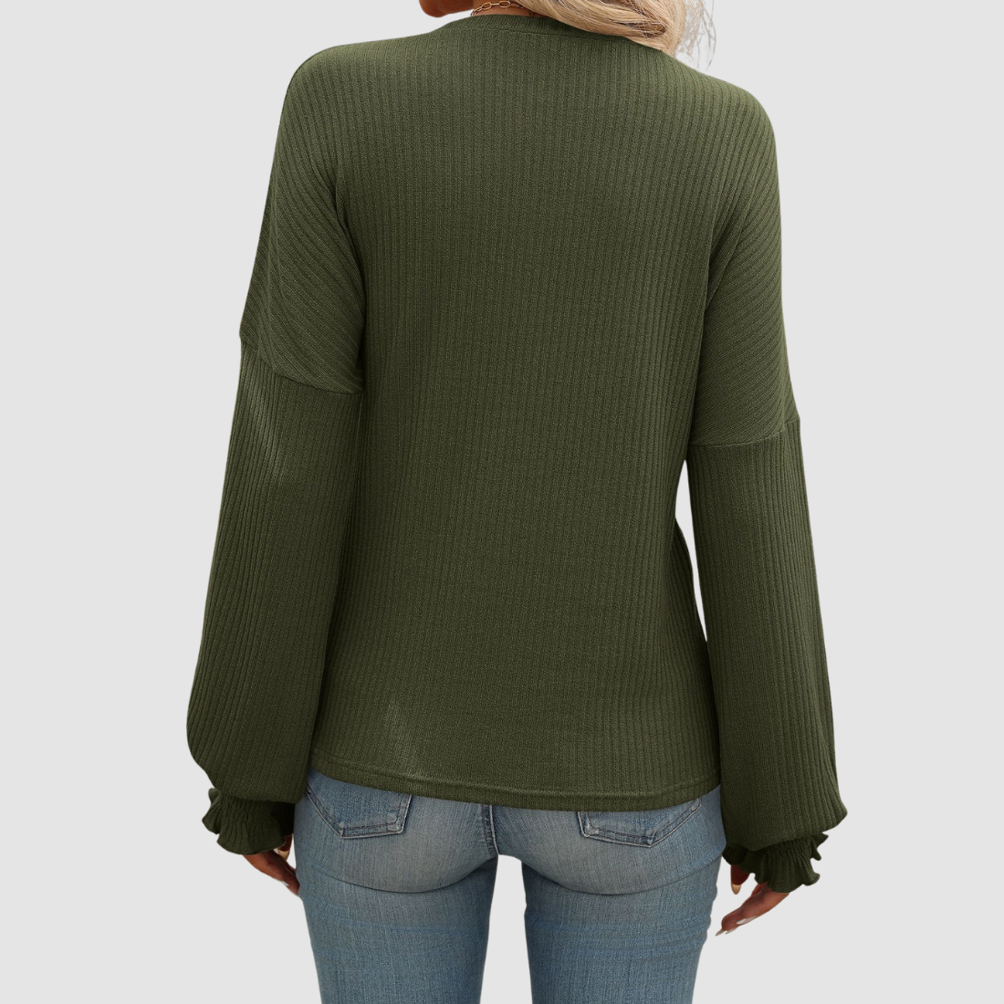 Wholesale Women's Ribbed Long Sleeve T-Shirt – Loose Ruffle-Sleeve Top