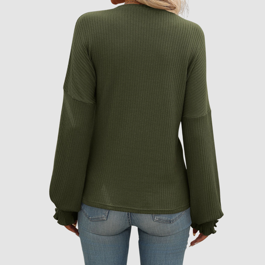Wholesale Women's Ribbed Long Sleeve T-Shirt – Loose Ruffle-Sleeve Top