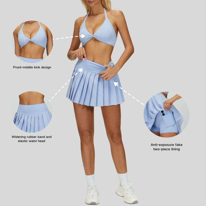 Removable padding sports bra+Pleated waistband sport leggings 2-piece set