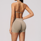 Wholesale Women's Seamless Yoga Set: Halter Open-Back Sports Bra & Shorts – Quick-Dry Lycra w/ Chest Pad