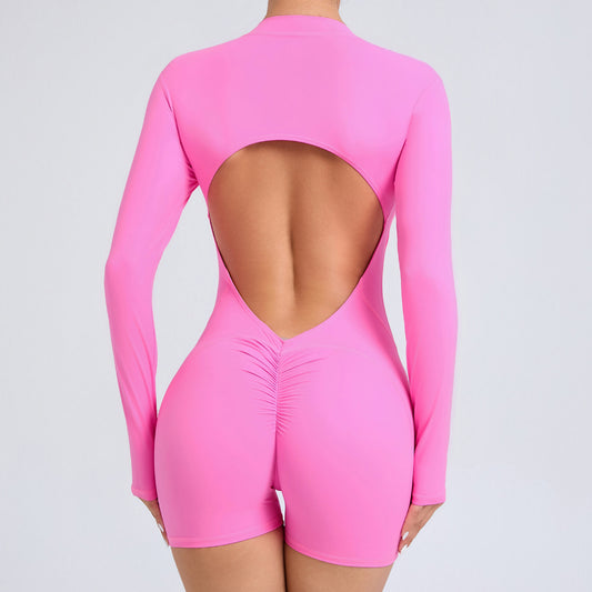 backless half zipper long sleeve yoga shorts jumpsuit