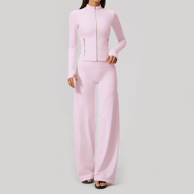 Wholesale Women's Zip-Up Yoga Jacket Set – Relaxed Wide-Leg Pants Activewear Set