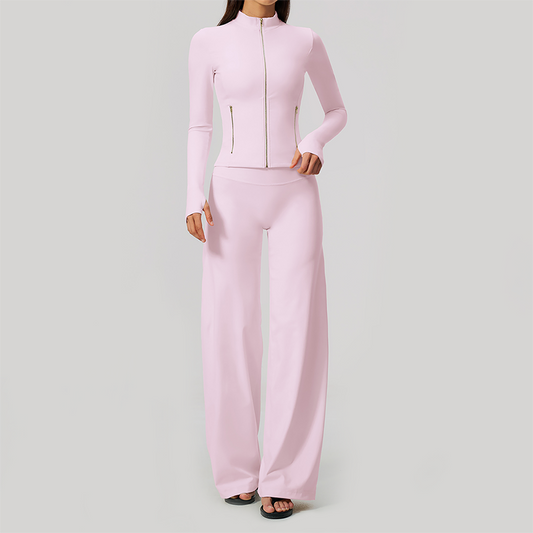 Wholesale Women's Zip-Up Yoga Jacket Set – Relaxed Wide-Leg Pants Activewear Set