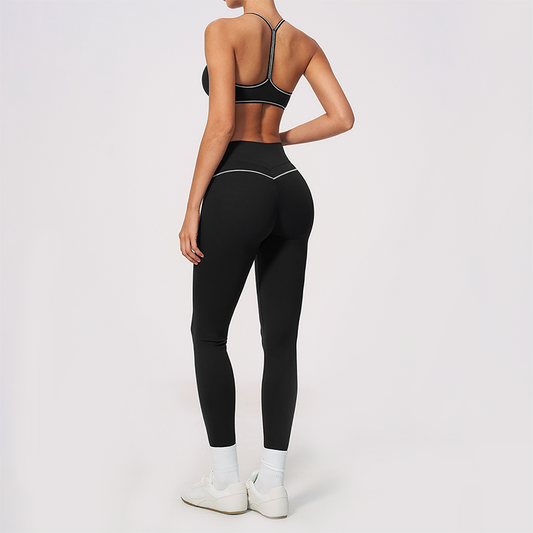 Wholesale Women's Brushed Yoga Set: V-Neck Bra & Leggings – Colorblock Tummy Control
