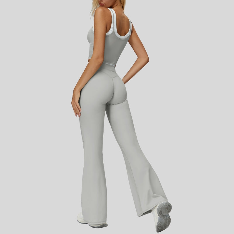 Two-piece contrasting sports tank top+port slightly flared pants 2-piece set