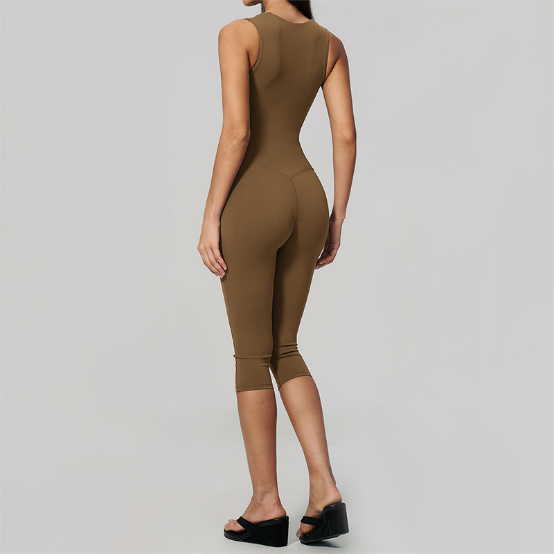 Wholesale Women's Bare-Feel Square Neck Yoga Jumpsuit with Chest Pad & Capri Shorts
