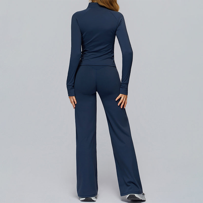 Zippered quick-drying sports jacket+High-waisted wide-leg sweatpants 2-piece set