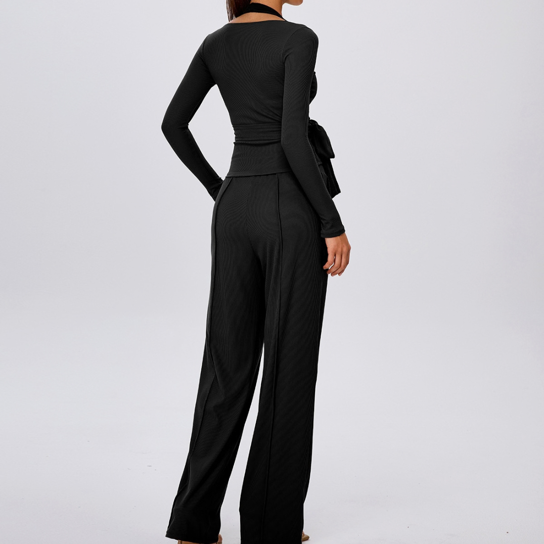 Wholesale Women's Padded Sports Bra+Tie-Front Long-Sleeve+Wide-Leg Pants Yoga Set