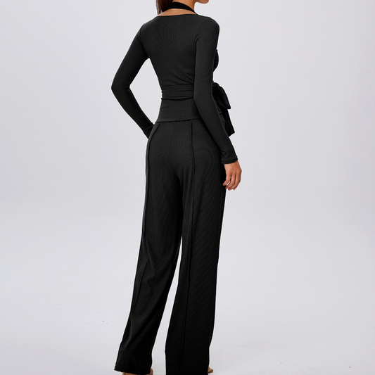 Wholesale Women's Padded Sports Bra+Tie-Front Long-Sleeve+Wide-Leg Pants Yoga Set