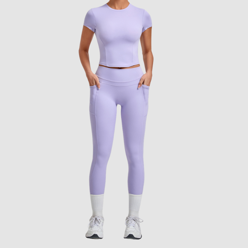 Wholesale Women's Naked-Feel Short Sleeve Top + High-Waist Leggings Set – Peach Lift Yoga Fitness Activewear