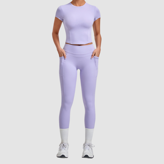 Wholesale Women's Naked-Feel Short Sleeve Top + High-Waist Leggings Set – Peach Lift Yoga Fitness Activewear