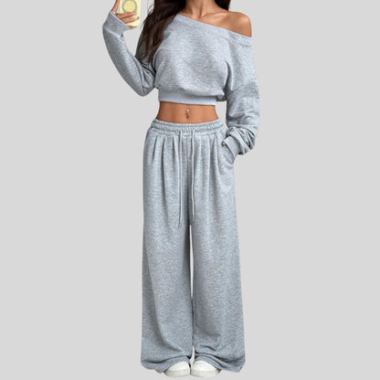 One-shoulder short sweatshirt + drawstring loose sweatpants 2-piece set
