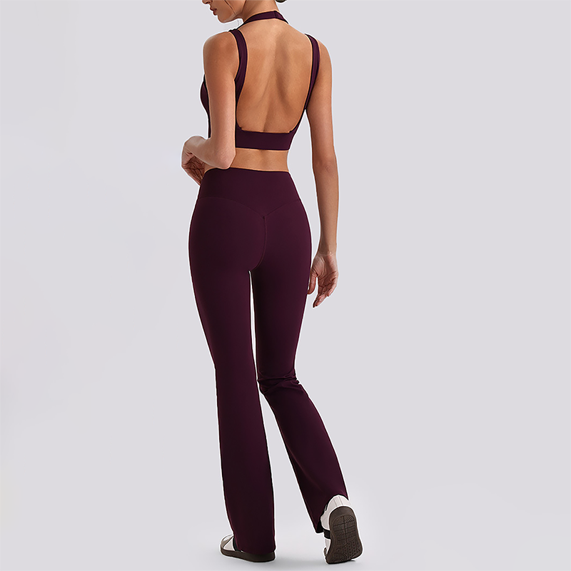 Wholesale Women's Open-Back Long Sleeve Crop Top & High Waist Leggings Set with Chest Pad