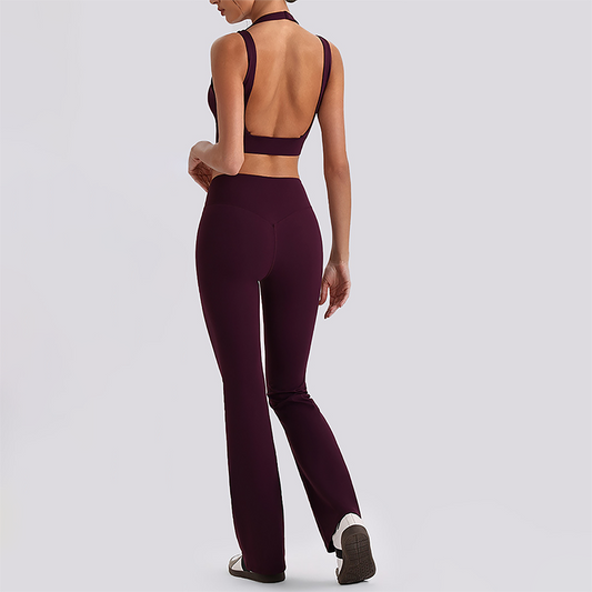 Wholesale Women's Open-Back Long Sleeve Crop Top & High Waist Leggings Set with Chest Pad