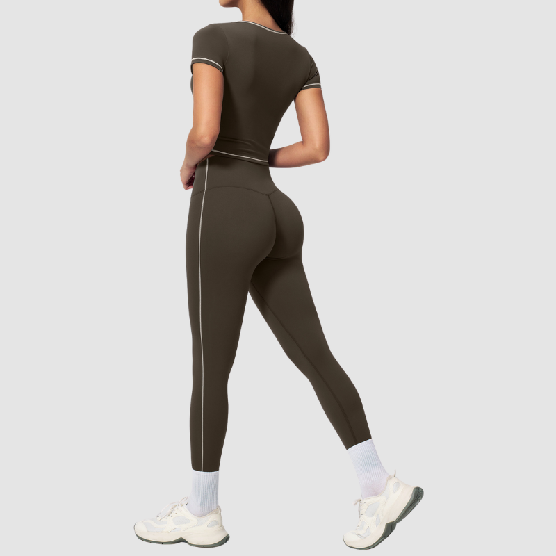 Wholesale Women's Seam-Detail Short Sleeve Crop Top + High-Waist Leggings Set – Butt-Lifting Yoga Gym Activewear