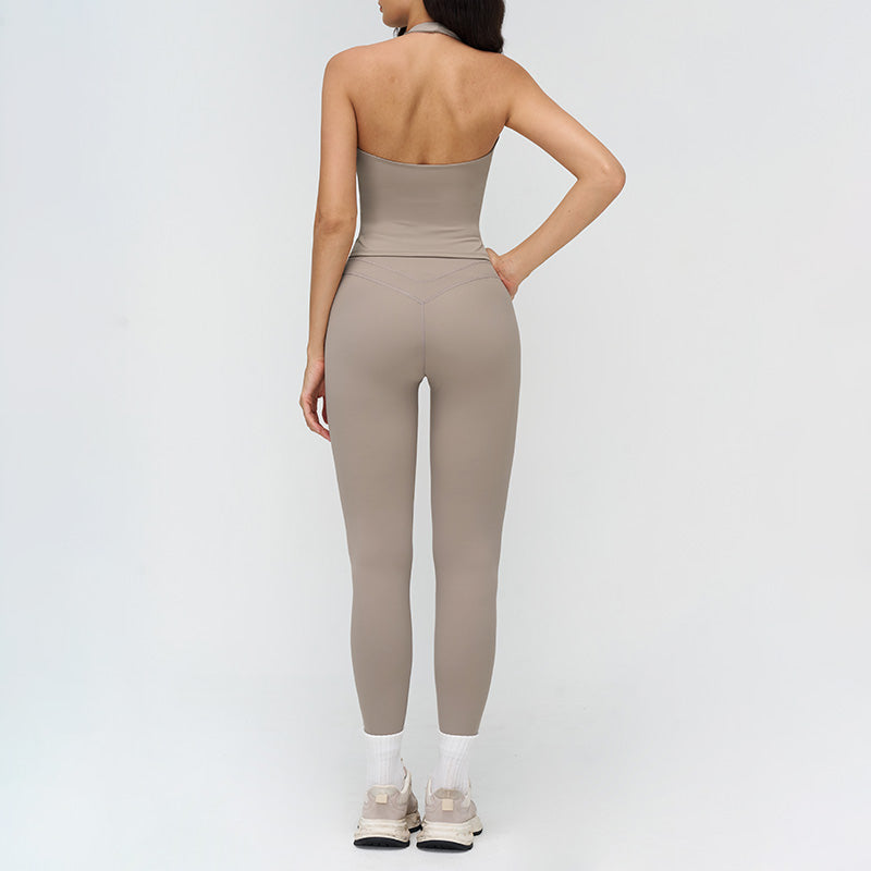 Halter neck backless tank top + high-waisted leggings 2-piece set