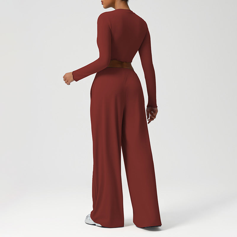Snug-Fit Cropped Long Sleeves + Loose Drawstring Wide-Leg Pants 2-Piece Set