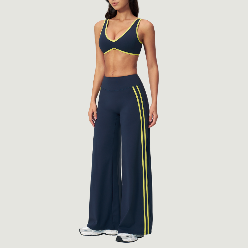 Nude-feel deep V bra + high waist + high-waisted color-blocked pants 2-piece set