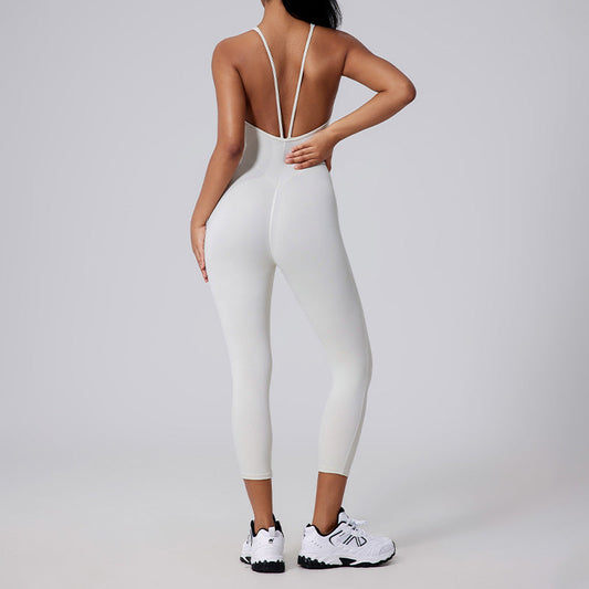 Brushed nude V-shaped back long pants yoga jumpsuit
