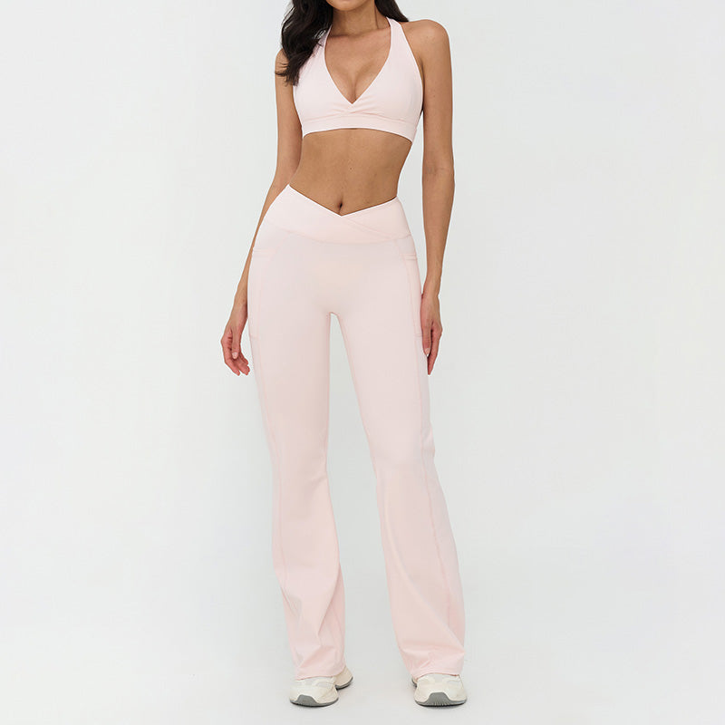 Halterneck backless bra + Flared pants 2-piece set