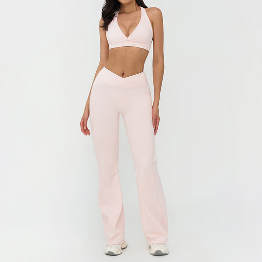 Halterneck backless bra + Flared pants 2-piece set