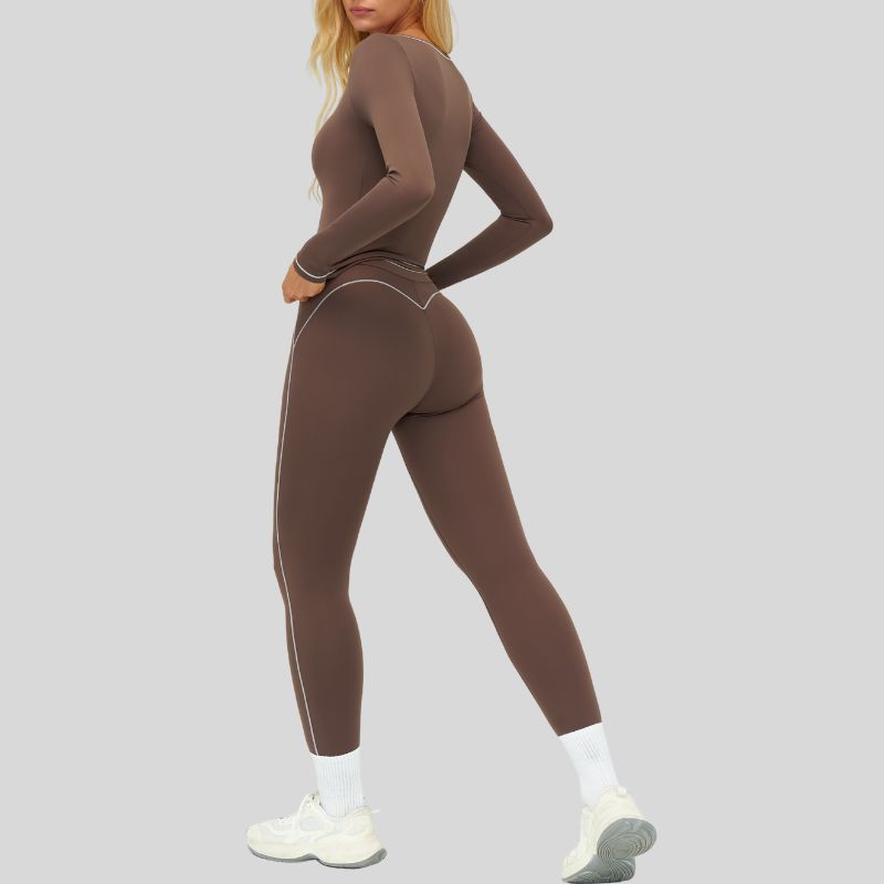 Color-blocked long-sleeved sports top+High waisted leggings 2-piece set