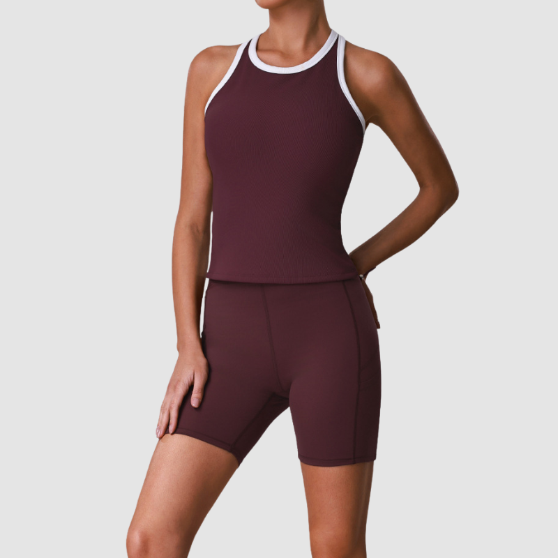 Wholesale Women's Color-Block Racerback Tank Top + High-Waist Cycling Shorts Set – Gym Yoga Fitness Set