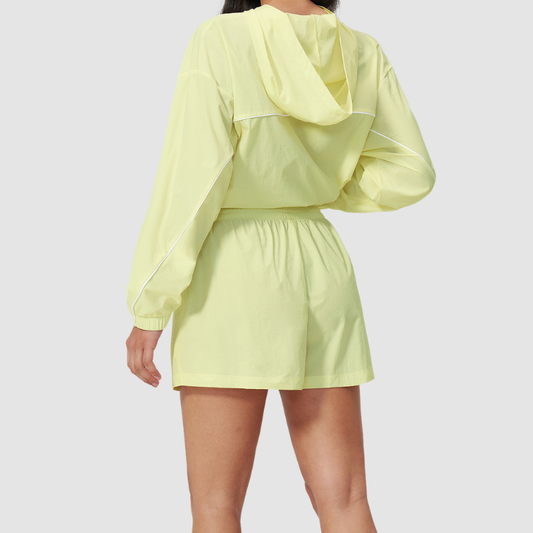 Wholesale Women's UPF50+ Sun Protection Hoodie Jacket + Shorts Set – Colorblock Outdoor Running Sportswear