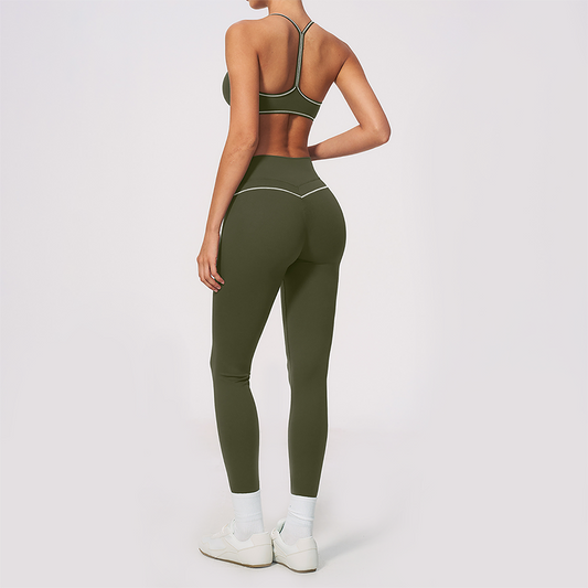 Wholesale Women's Brushed Yoga Set: V-Neck Bra & Leggings – Colorblock Tummy Control