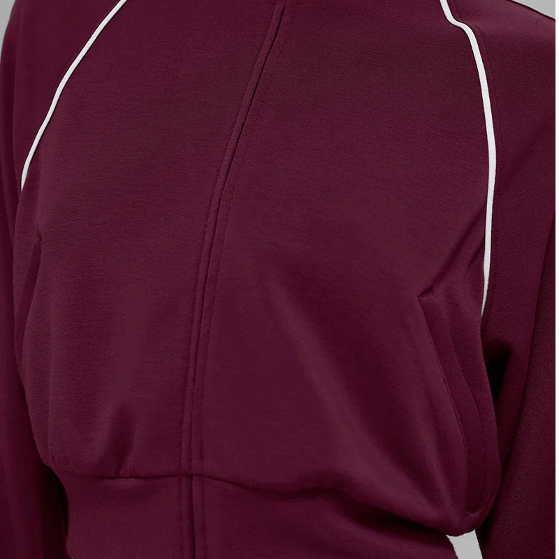 Contrasting stand-up collar coat + contrasting A-line skirt 2 piece set