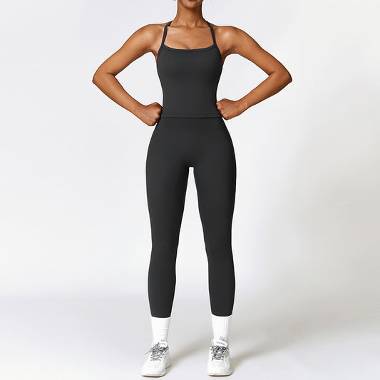 Tapa del tanque de yoga de cruz cepillado + Leggings de cintura alta de 2 piezas