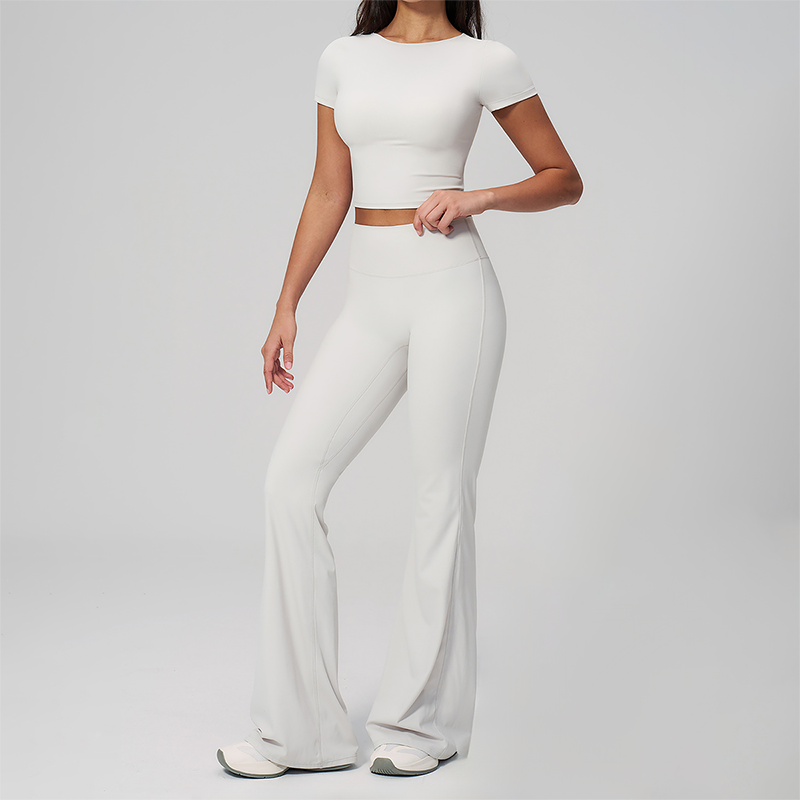 Wholesale Seam-Detail Cropped T-Shirt & Flare Leggings Set – Brushed Yoga 2-Piece
